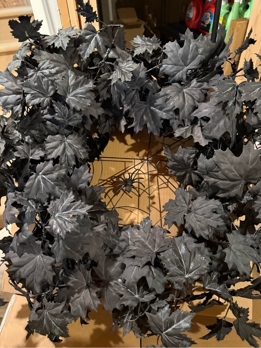 New Pottery Barn Lit Halloween Faux Maple Leaf w/ Spider Web Wreath, Black, 29”